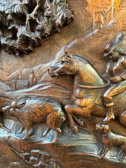 19th Century French Carved Walnut Door – Hunting Scene with Horse and Dogs