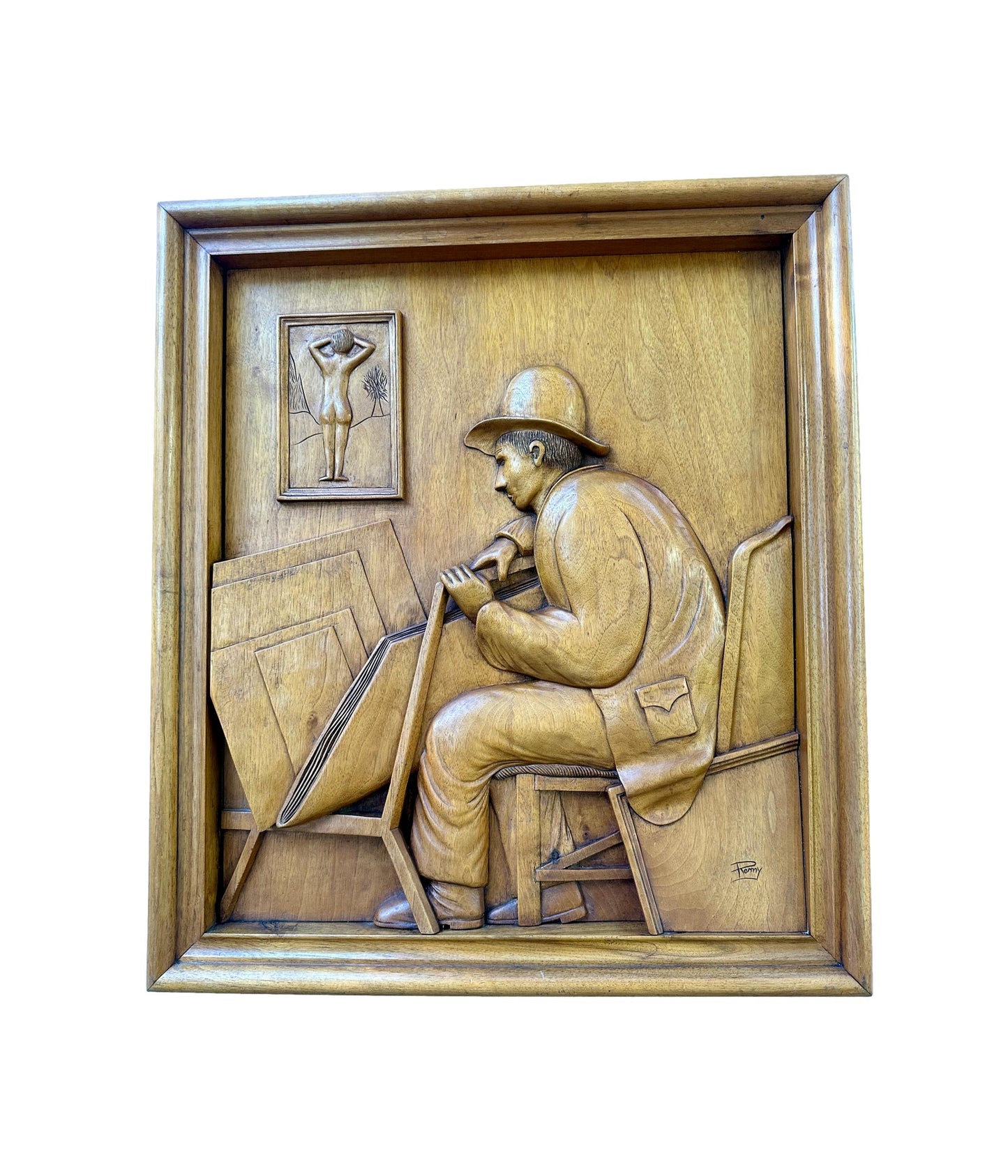 Mid-Century French Wood Relief Signed Remy – Carved Walnut Artist Panel