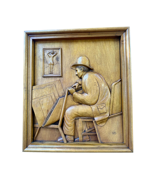 Mid-Century French Wood Relief Signed Remy – Carved Walnut Artist Panel