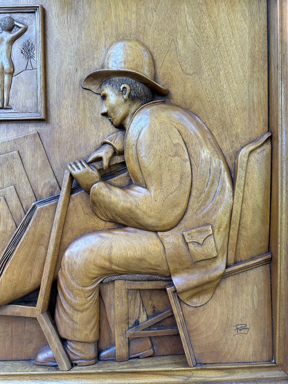 Mid-Century French Wood Relief Signed Remy – Carved Walnut Artist Panel