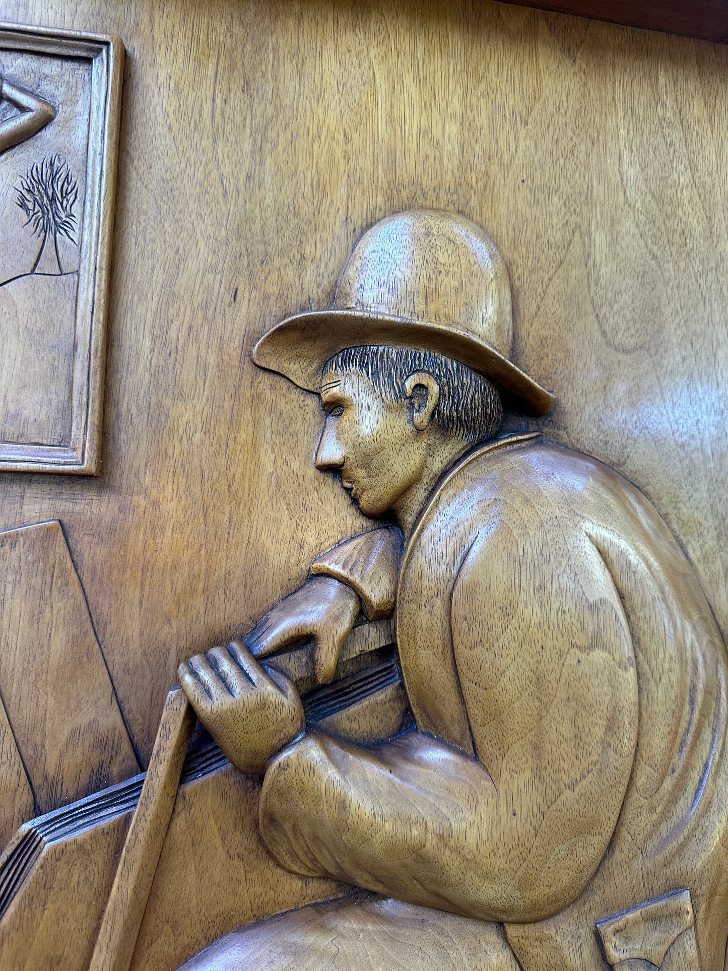 Mid-Century French Wood Relief Signed Remy – Carved Walnut Artist Panel