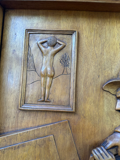 Mid-Century French Wood Relief Signed Remy – Carved Walnut Artist Panel