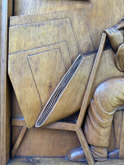 Mid-Century French Wood Relief Signed Remy – Carved Walnut Artist Panel