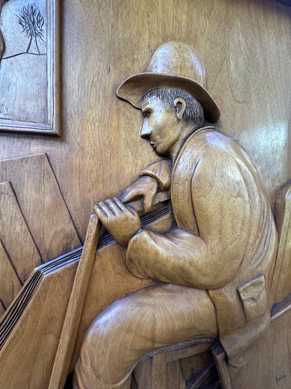 Mid-Century French Wood Relief Signed Remy – Carved Walnut Artist Panel