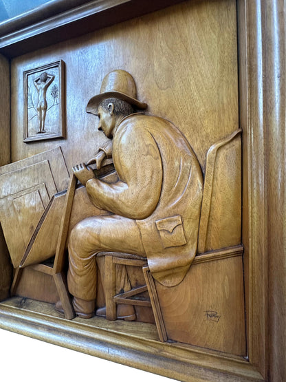 Mid-Century French Wood Relief Signed Remy – Carved Walnut Artist Panel