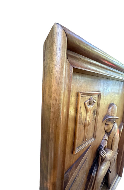 Mid-Century French Wood Relief Signed Remy – Carved Walnut Artist Panel