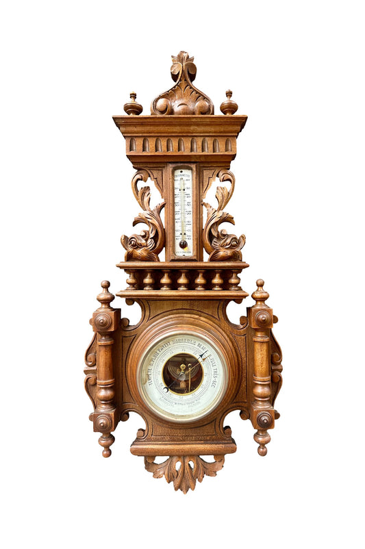 French 1900 Belle Époque Carved Wood Barometer Thermometer, H. Doninelli Nice