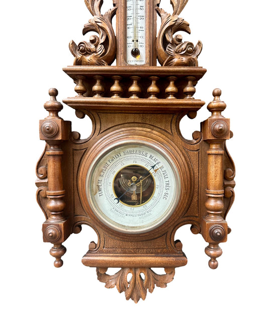 French 1900 Belle Époque Carved Wood Barometer Thermometer, H. Doninelli Nice