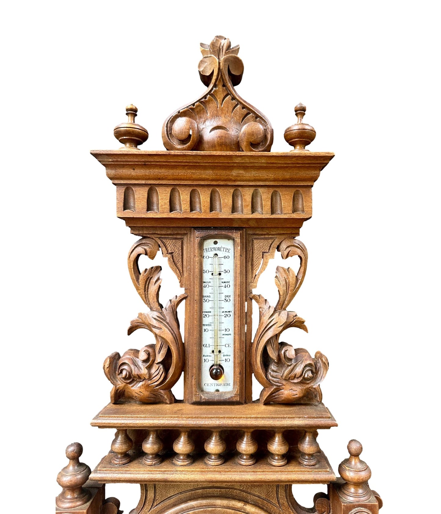 French 1900 Belle Époque Carved Wood Barometer Thermometer, H. Doninelli Nice