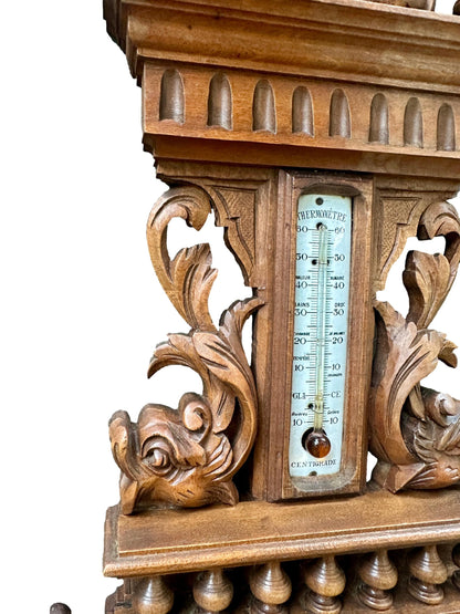 French 1900 Belle Époque Carved Wood Barometer Thermometer, H. Doninelli Nice