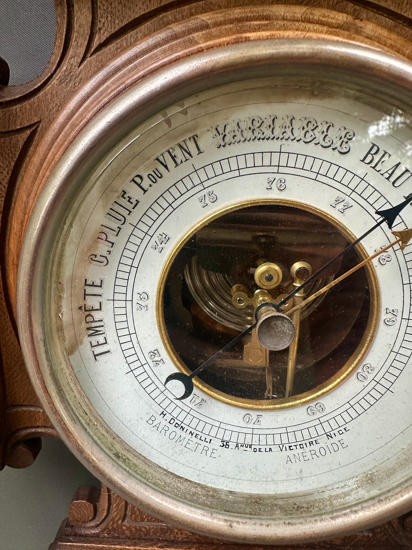 French 1900 Belle Époque Carved Wood Barometer Thermometer, H. Doninelli Nice