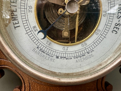 French 1900 Belle Époque Carved Wood Barometer Thermometer, H. Doninelli Nice