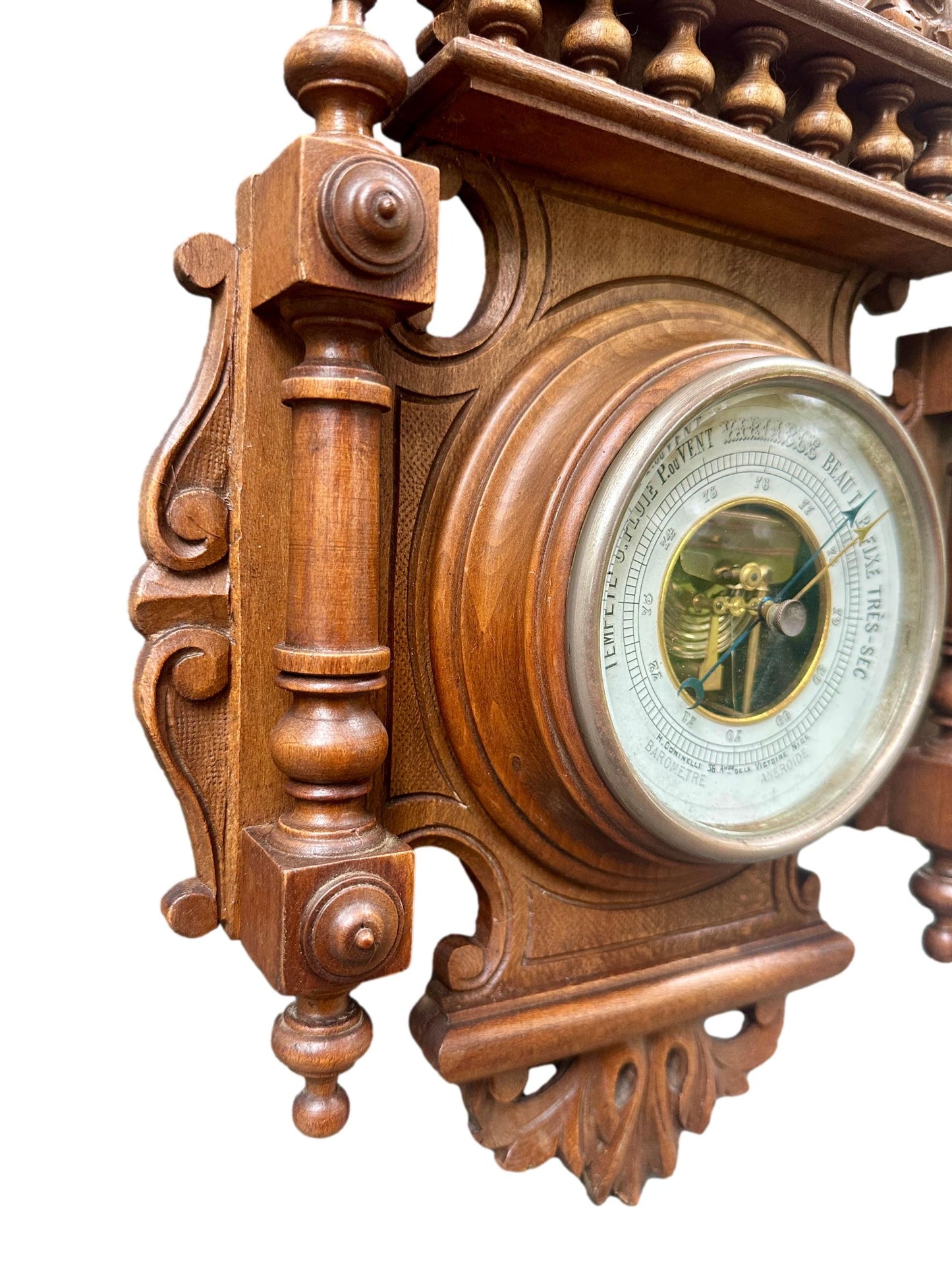 French 1900 Belle Époque Carved Wood Barometer Thermometer, H. Doninelli Nice