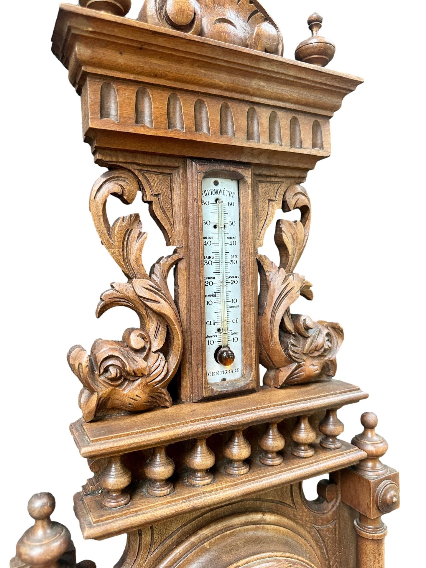 French 1900 Belle Époque Carved Wood Barometer Thermometer, H. Doninelli Nice