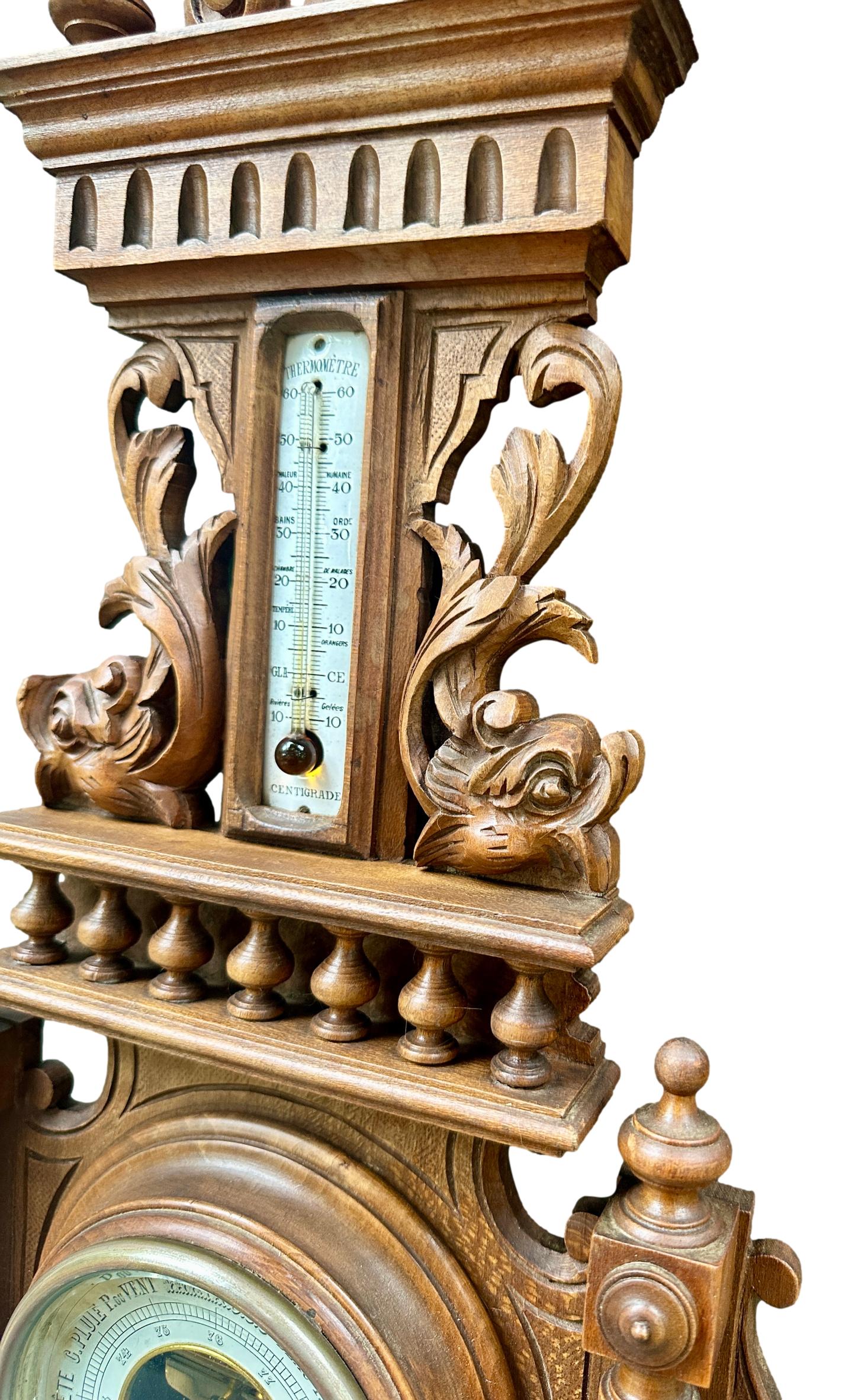 French 1900 Belle Époque Carved Wood Barometer Thermometer, H. Doninelli Nice