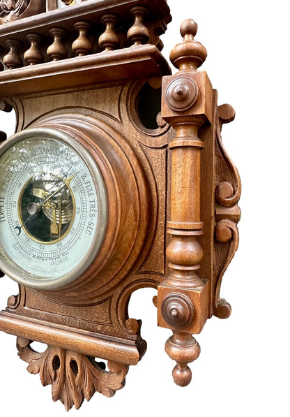 French 1900 Belle Époque Carved Wood Barometer Thermometer, H. Doninelli Nice