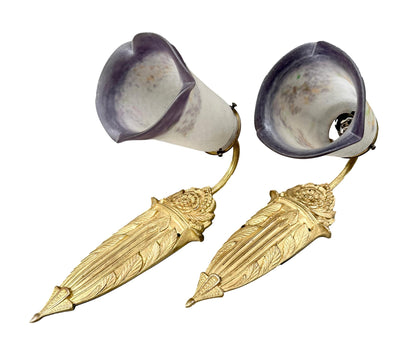 Pair of 1920s Noverdy French Art Deco Wall Sconces, Gilded Bronze and Pâte de Verre Shades