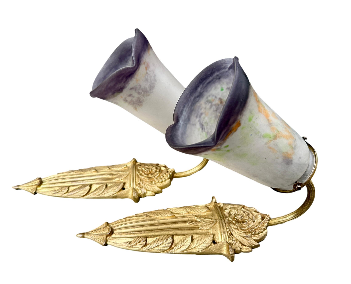 Pair of 1920s Noverdy French Art Deco Wall Sconces, Gilded Bronze and Pâte de Verre Shades