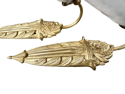 Pair of 1920s Noverdy French Art Deco Wall Sconces, Gilded Bronze and Pâte de Verre Shades