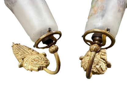 Pair of 1920s Noverdy French Art Deco Wall Sconces, Gilded Bronze and Pâte de Verre Shades