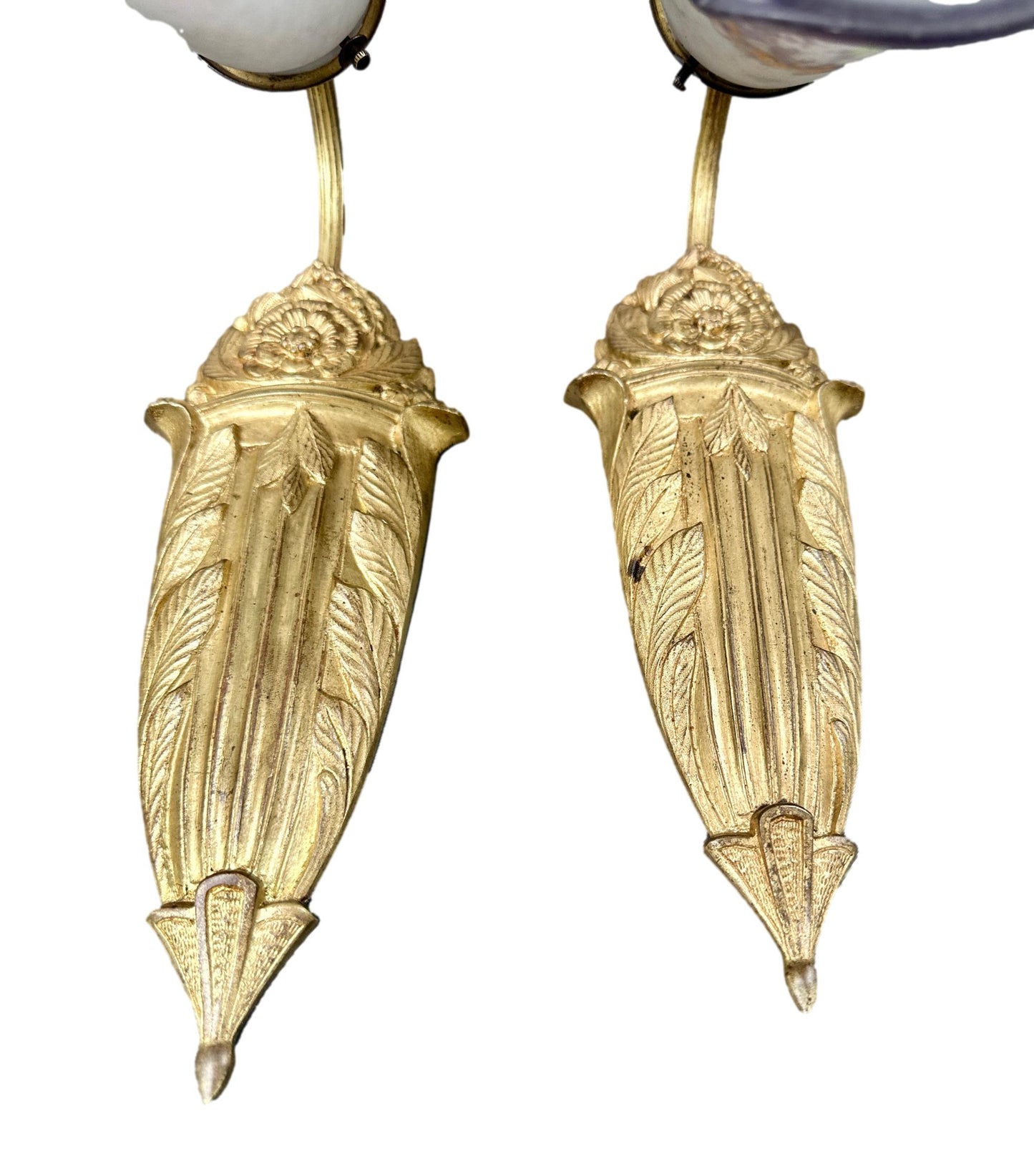 Pair of 1920s Noverdy French Art Deco Wall Sconces, Gilded Bronze and Pâte de Verre Shades