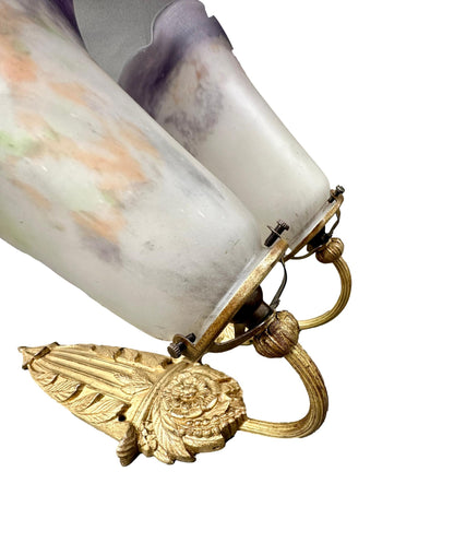 Pair of 1920s Noverdy French Art Deco Wall Sconces, Gilded Bronze and Pâte de Verre Shades