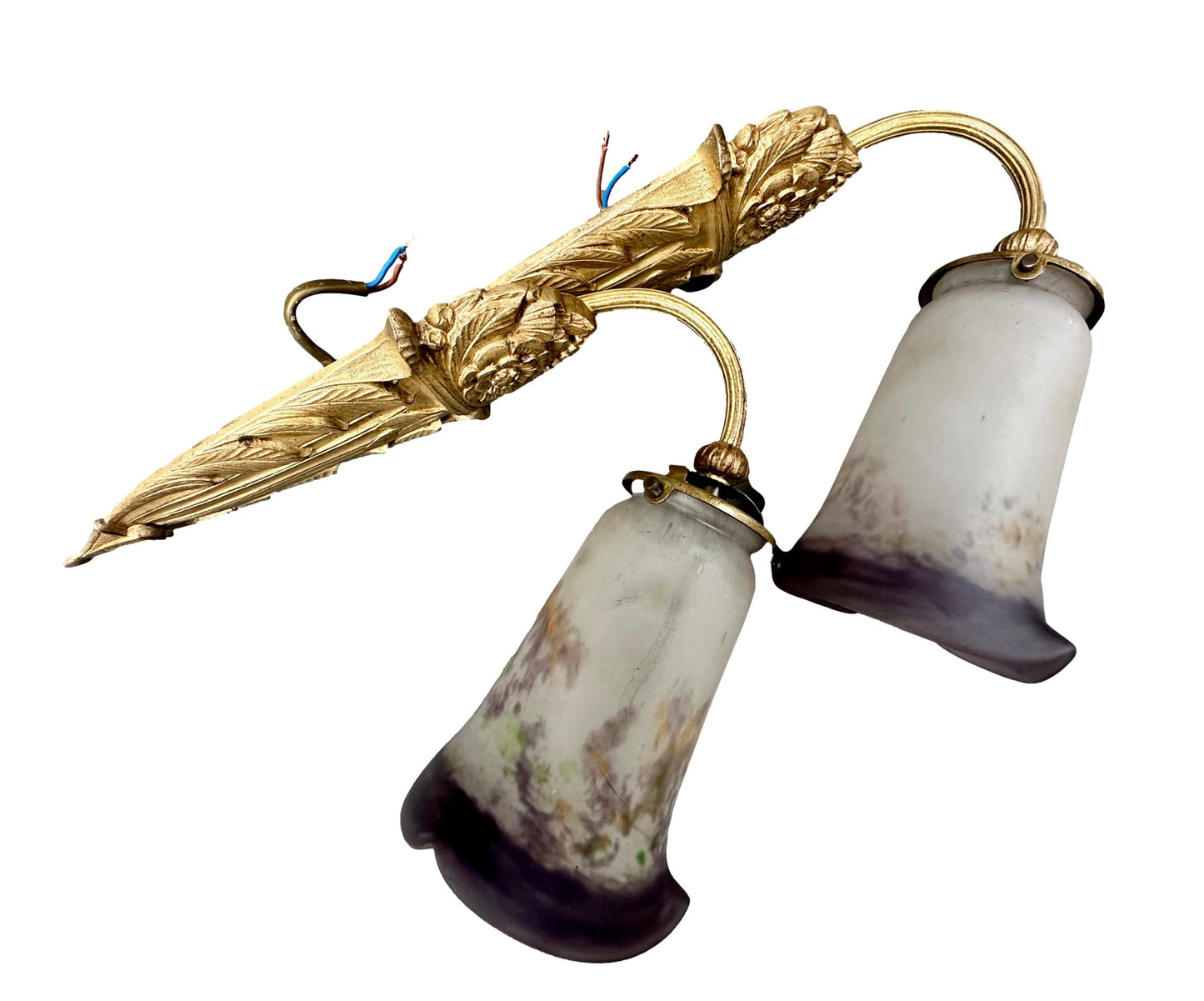 Pair of 1920s Noverdy French Art Deco Wall Sconces, Gilded Bronze and Pâte de Verre Shades