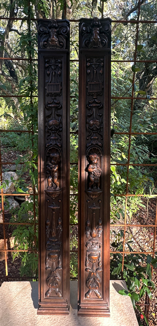 French Pair of Hand-Carved Renaissance Style Wooden Columns, Architectural Salvage, Neo-Renaissance Furniture 1940s