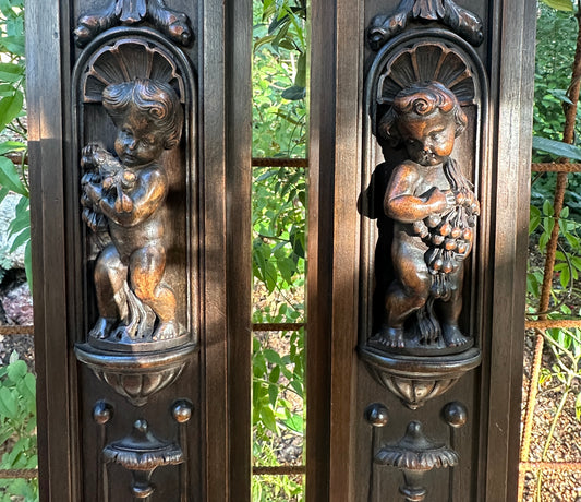 French Pair of Hand-Carved Renaissance Style Wooden Columns, Architectural Salvage, Neo-Renaissance Furniture 1940s