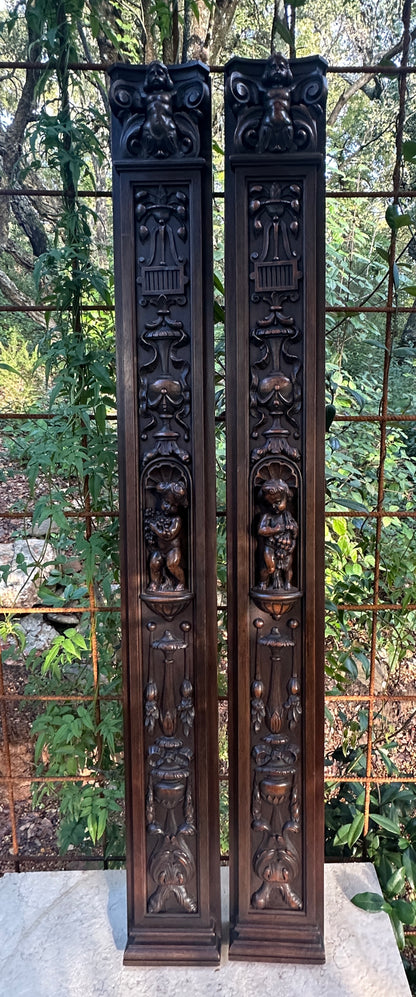 French Pair of Hand-Carved Renaissance Style Wooden Columns, Architectural Salvage, Neo-Renaissance Furniture 1940s