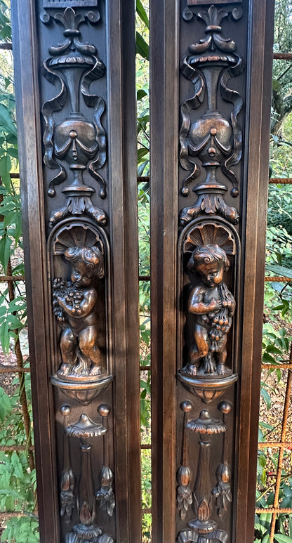 French Pair of Hand-Carved Renaissance Style Wooden Columns, Architectural Salvage, Neo-Renaissance Furniture 1940s