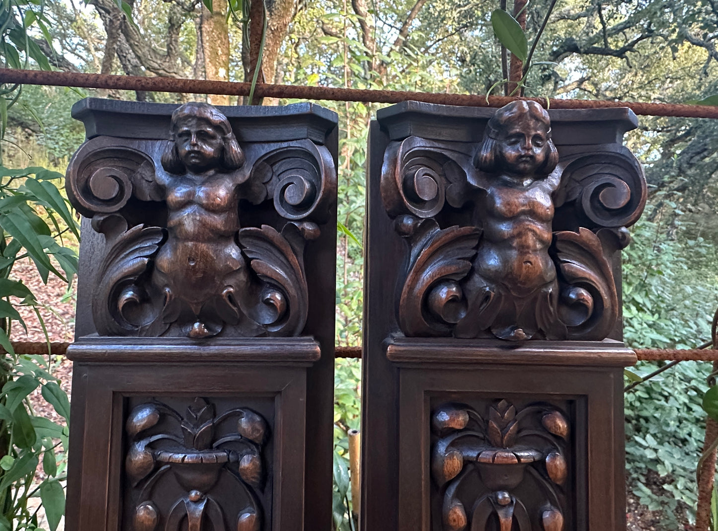French Pair of Hand-Carved Renaissance Style Wooden Columns, Architectural Salvage, Neo-Renaissance Furniture 1940s