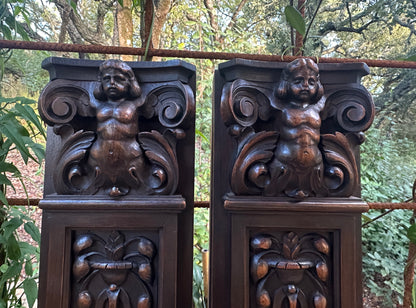 French Pair of Hand-Carved Renaissance Style Wooden Columns, Architectural Salvage, Neo-Renaissance Furniture 1940s