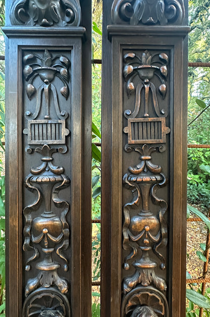 French Pair of Hand-Carved Renaissance Style Wooden Columns, Architectural Salvage, Neo-Renaissance Furniture 1940s