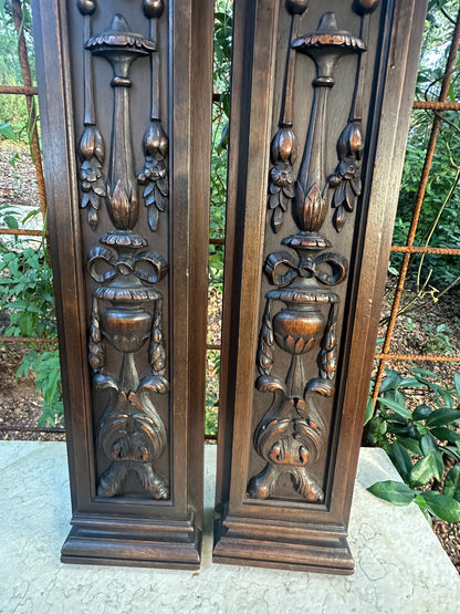 French Pair of Hand-Carved Renaissance Style Wooden Columns, Architectural Salvage, Neo-Renaissance Furniture 1940s