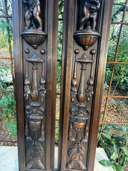 French Pair of Hand-Carved Renaissance Style Wooden Columns, Architectural Salvage, Neo-Renaissance Furniture 1940s