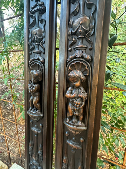 French Pair of Hand-Carved Renaissance Style Wooden Columns, Architectural Salvage, Neo-Renaissance Furniture 1940s