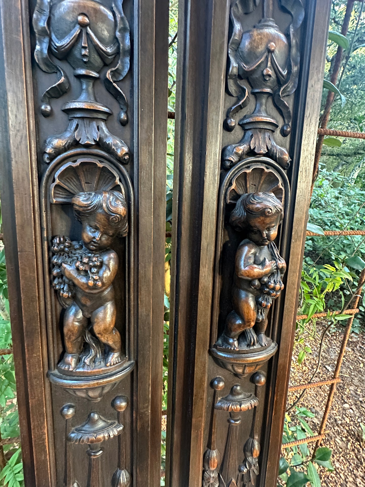 French Pair of Hand-Carved Renaissance Style Wooden Columns, Architectural Salvage, Neo-Renaissance Furniture 1940s