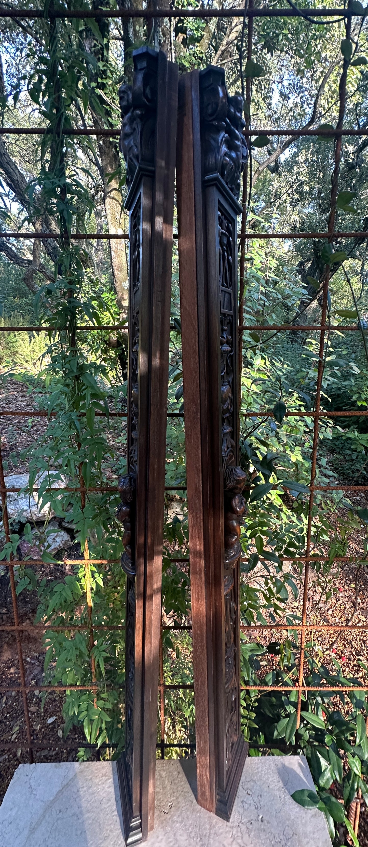 French Pair of Hand-Carved Renaissance Style Wooden Columns, Architectural Salvage, Neo-Renaissance Furniture 1940s