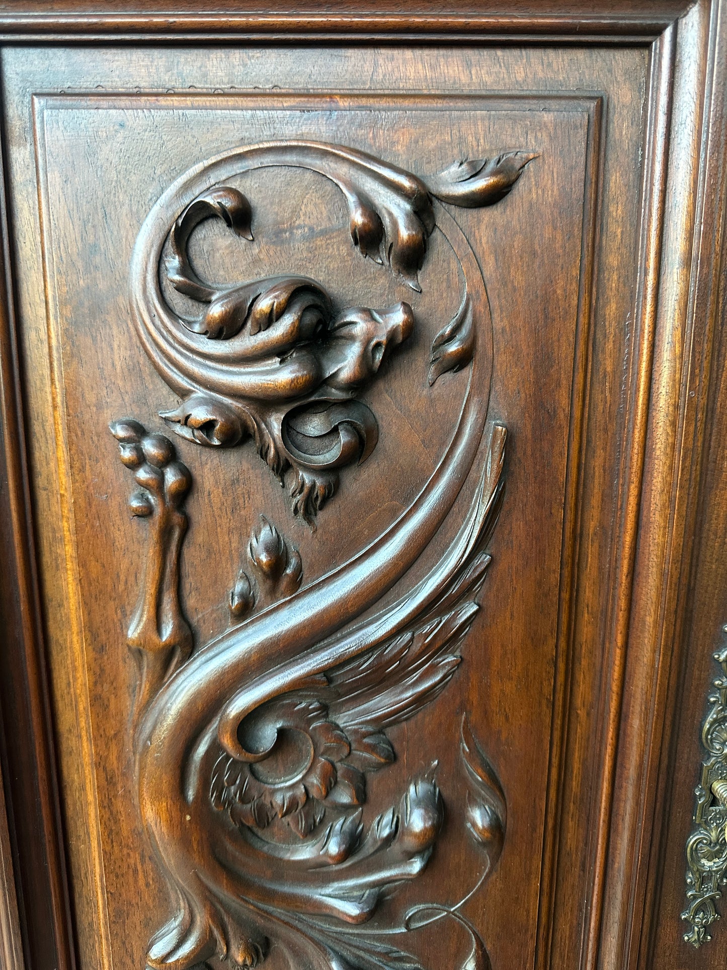 Antique Exceptional Hand Carved Chimera Walnut Wood Door