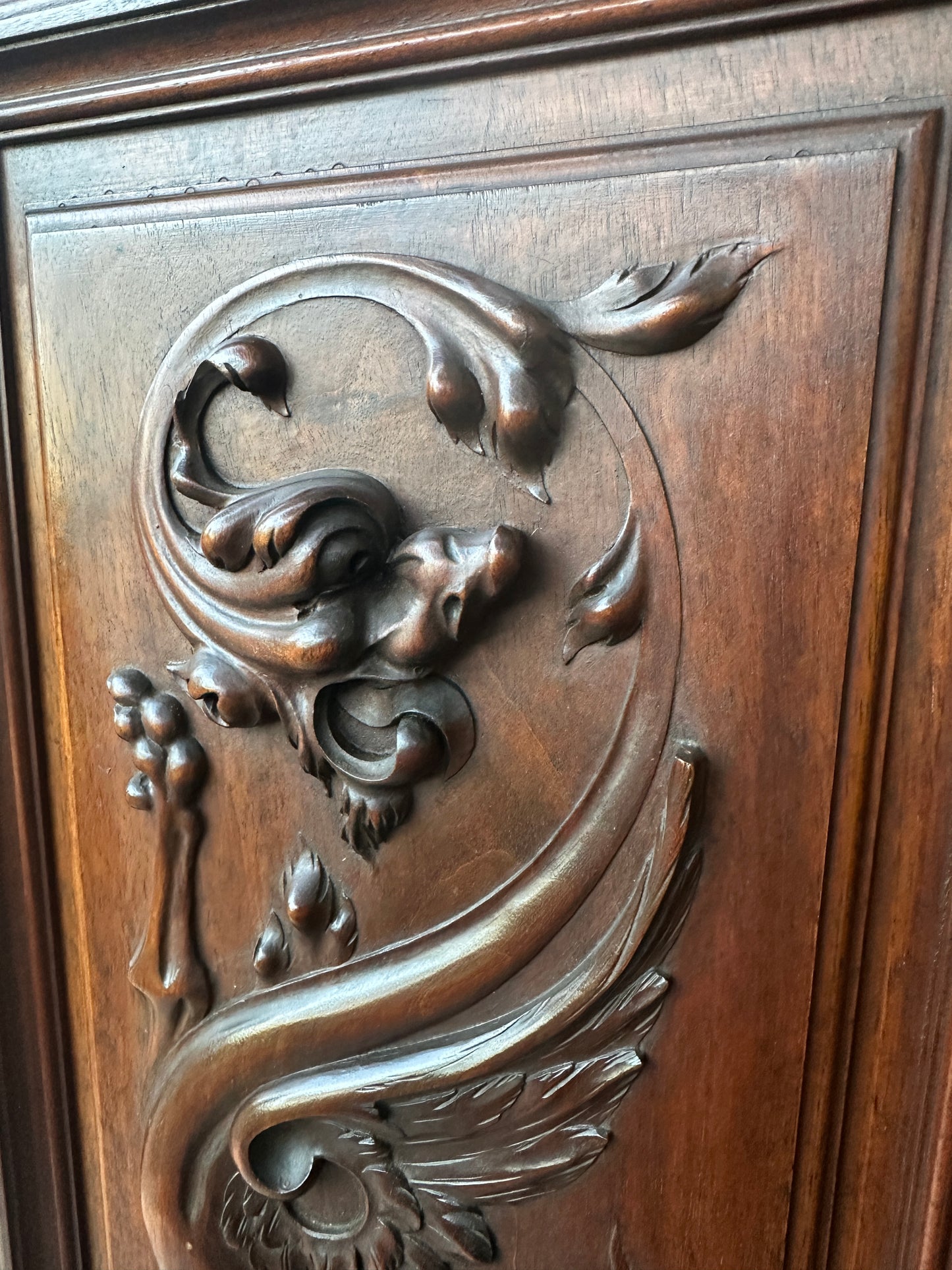 Antique Exceptional Hand Carved Chimera Walnut Wood Door