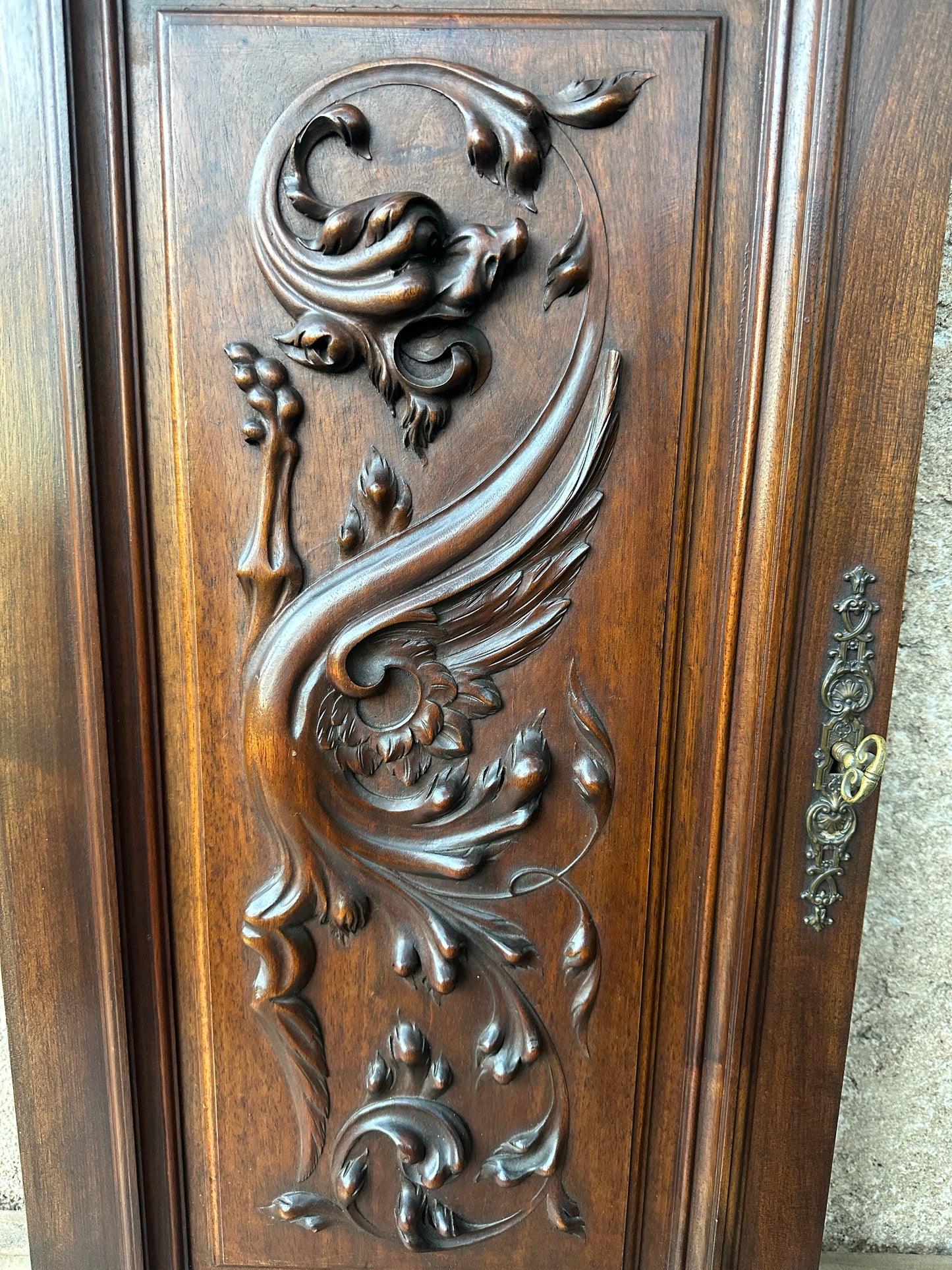 Antique Exceptional Hand Carved Chimera Walnut Wood Door