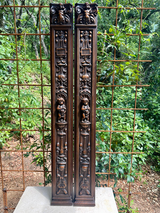 French Pair of Hand-Carved Renaissance Style Wooden Columns, Architectural Salvage, Neo-Renaissance Furniture 1940s