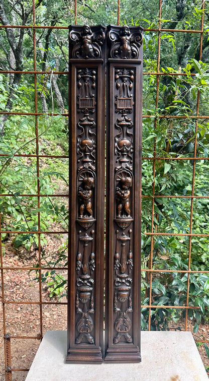 French Pair of Hand-Carved Renaissance Style Wooden Columns, Architectural Salvage, Neo-Renaissance Furniture 1940s