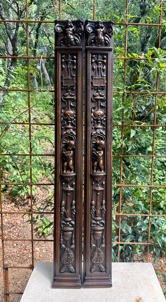 French Pair of Hand-Carved Renaissance Style Wooden Columns, Architectural Salvage, Neo-Renaissance Furniture 1940s