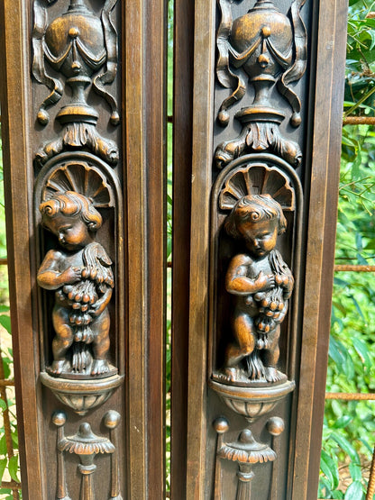 French Pair of Hand-Carved Renaissance Style Wooden Columns, Architectural Salvage, Neo-Renaissance Furniture 1940s
