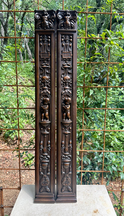 French Pair of Hand-Carved Renaissance Style Wooden Columns, Architectural Salvage, Neo-Renaissance Furniture 1940s