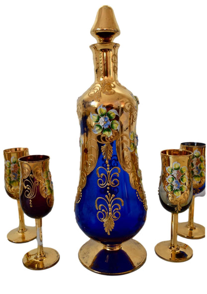 Murano Gold & Cobalt Blue Venetian Glass Hand Painted Enameled