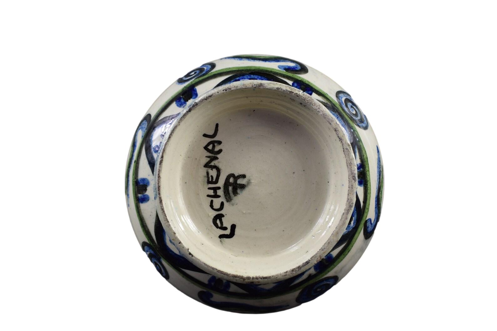 Signed French ceramic pitcher by Raoul Lachenal with colorful Iznik enamel decoration – vintage French art pottery