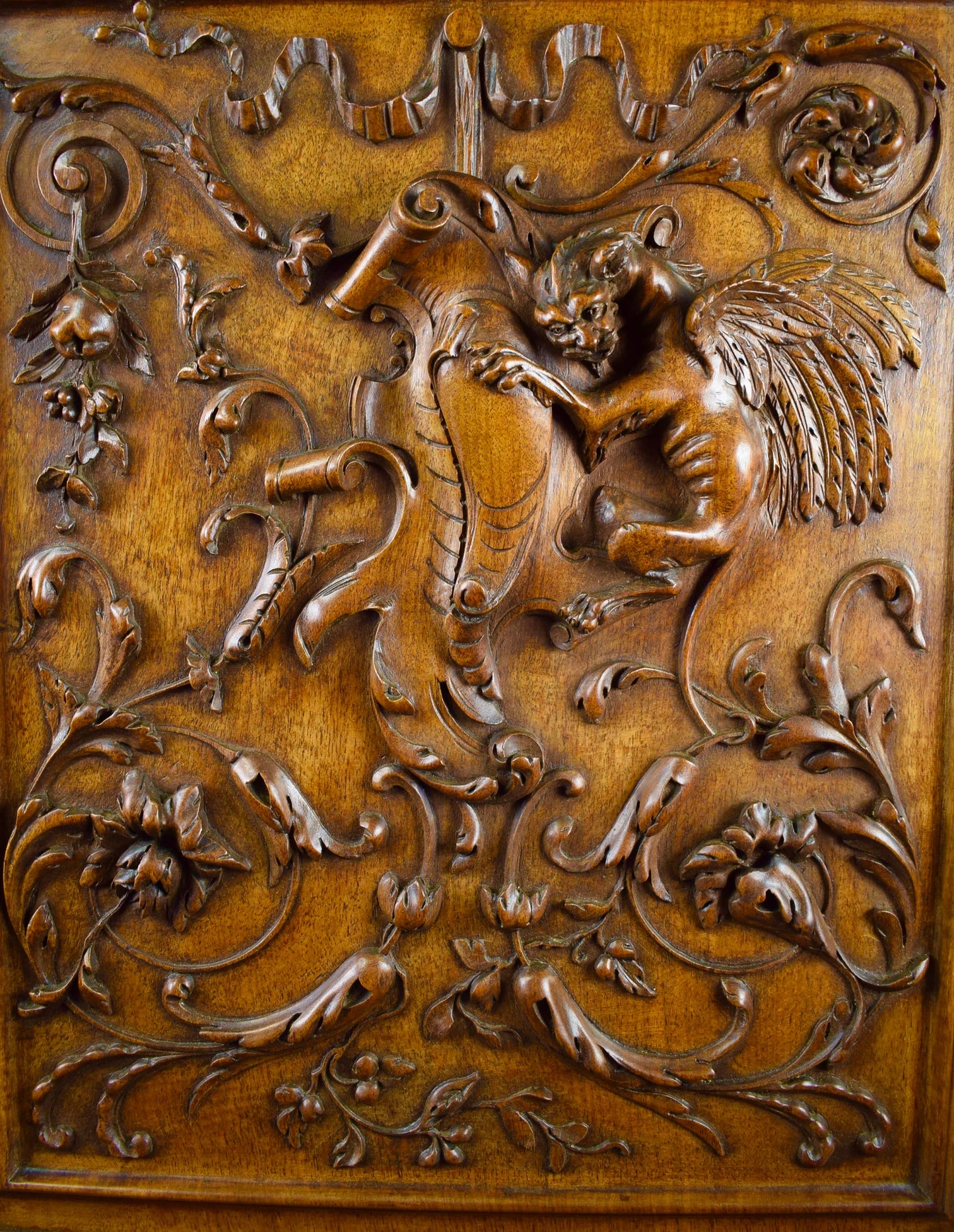 19th Antique Neo-Gothic Wood Door Griffin